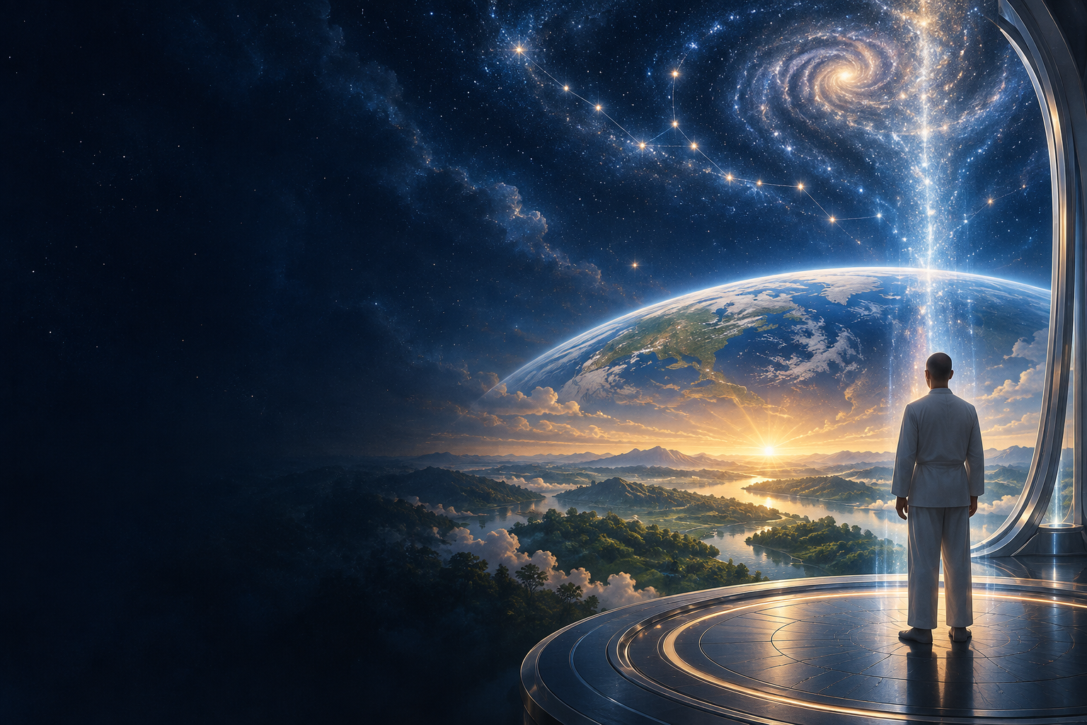 Ray standing before a renewed Earth and an opening cosmic horizon