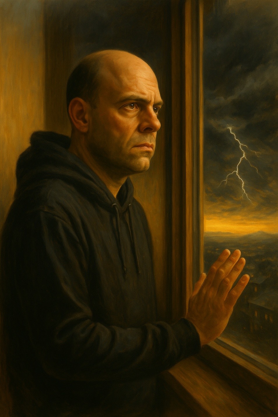 Raymond Dubois looking through a window toward a storm