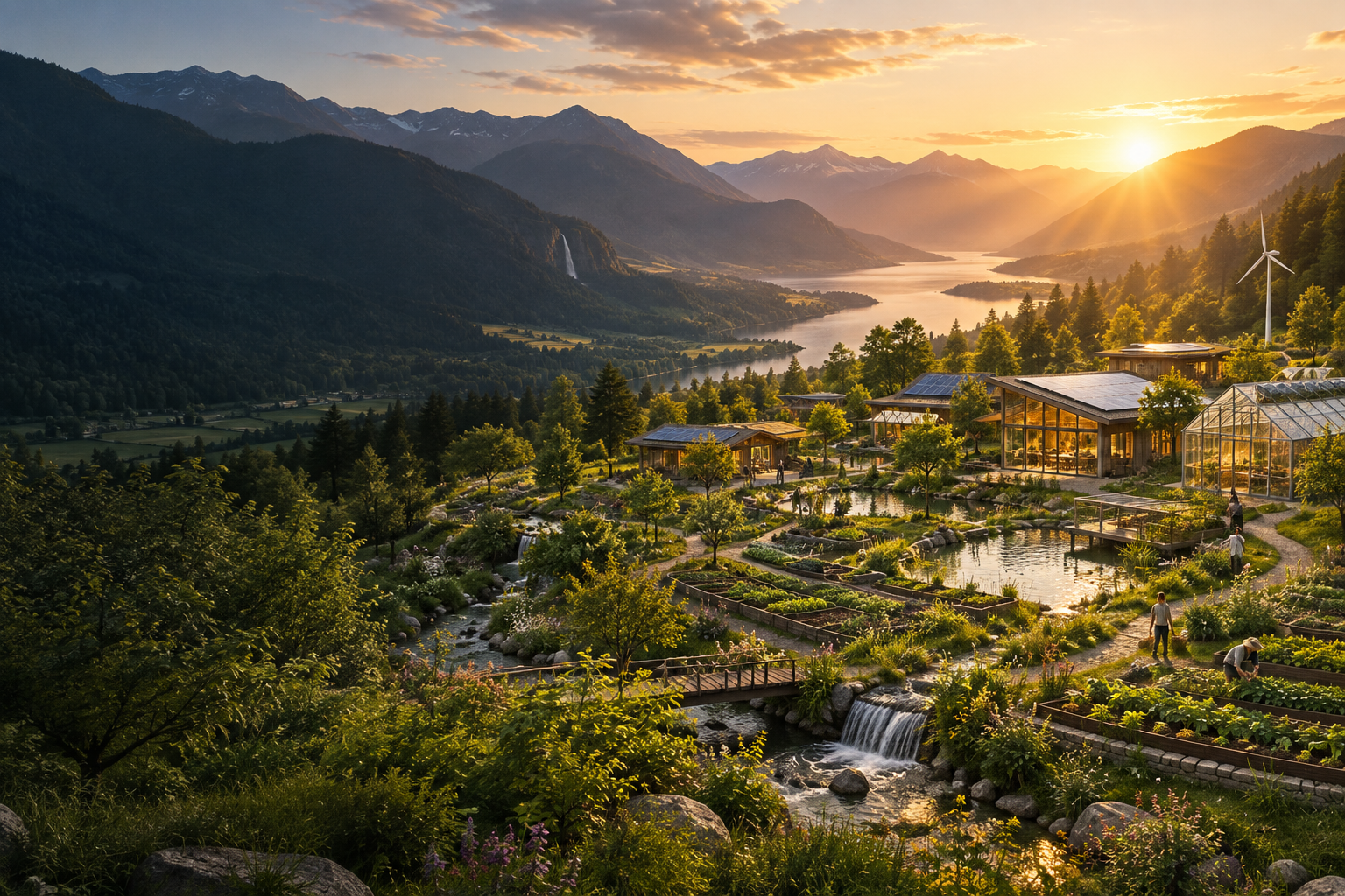 Sustainable Oasis regenerative community with renewable energy, gardens, water systems and research infrastructure