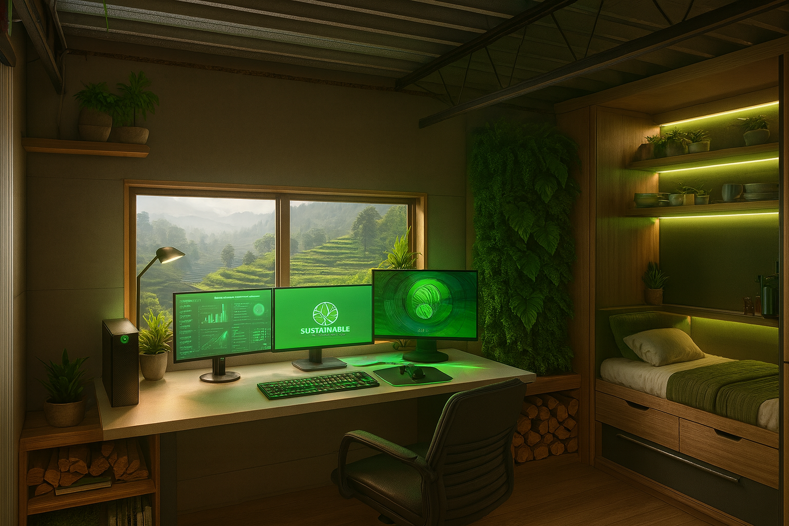 Digital workspace with screens managing Sustainable Oasis projects and platforms.